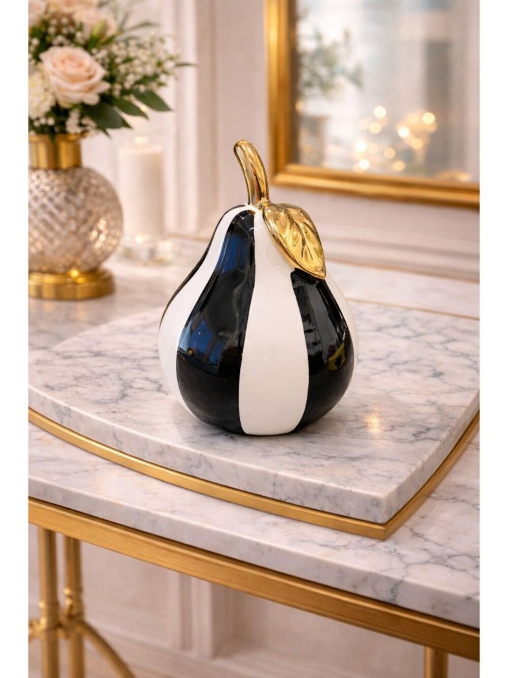 Black & White W/ Gold Circus Stripped Pear Figure Fruit Decoration Home Decor